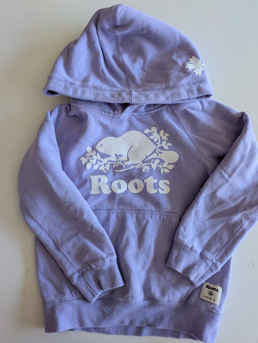 roots kids pastel lavender beaver logo pullover hoodie size 5 6 🦫 💜
